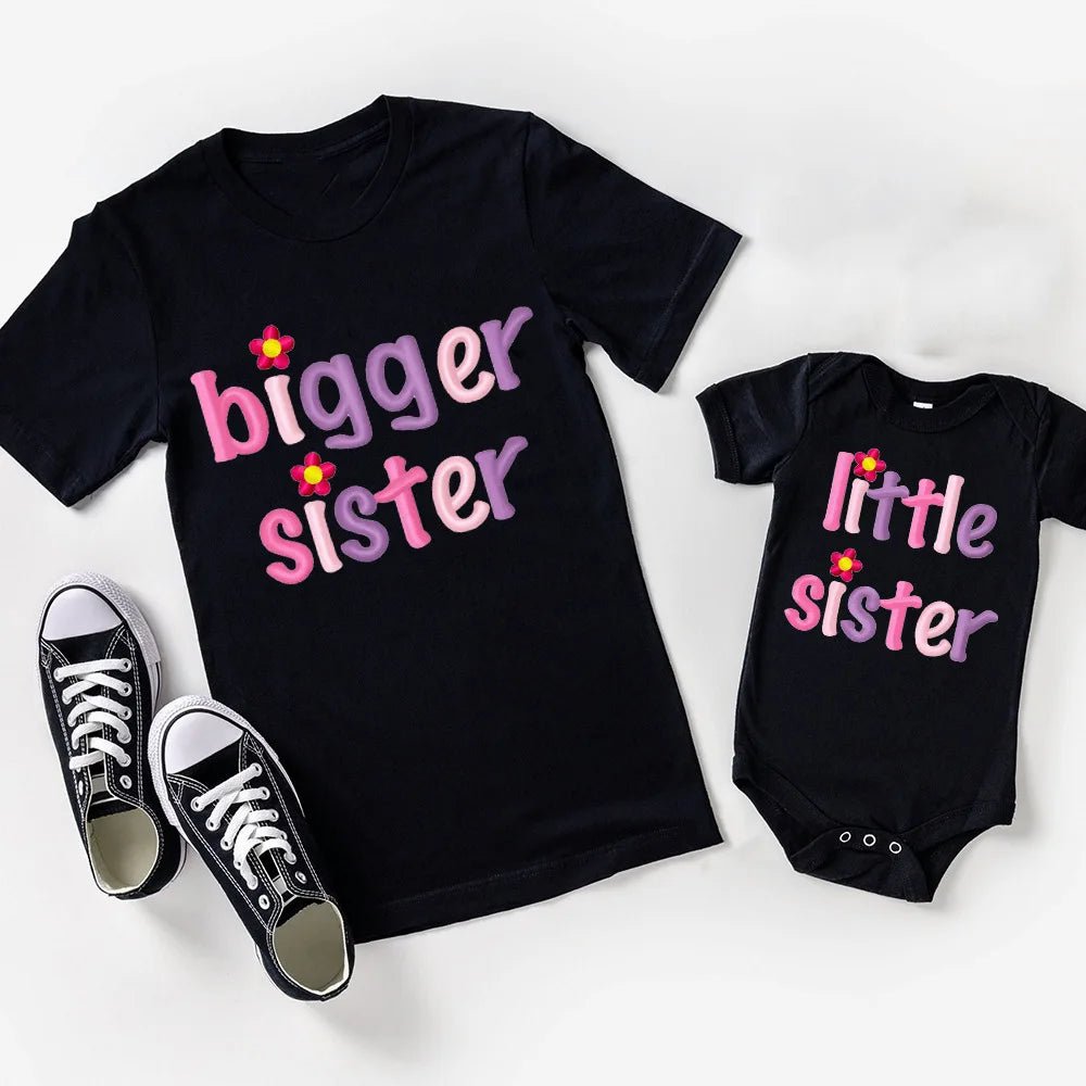 Big Sister Little Sister Matching Outfit Set | Letter Print Tee & Baby Romper | Sibling Gift, 3M-12Y - Babytopia32
