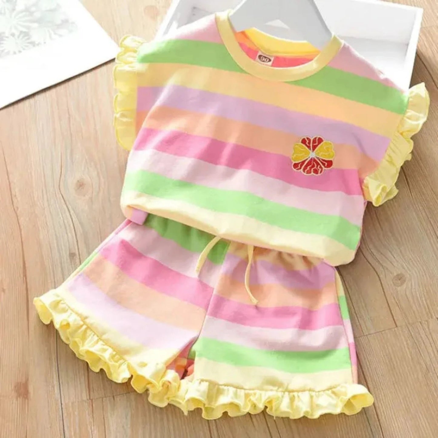 Girls Summer Rainbow Stripe 2-Piece Outfit | T-Shirt & Shorts Set for Toddlers 2T–6T - Babytopia32