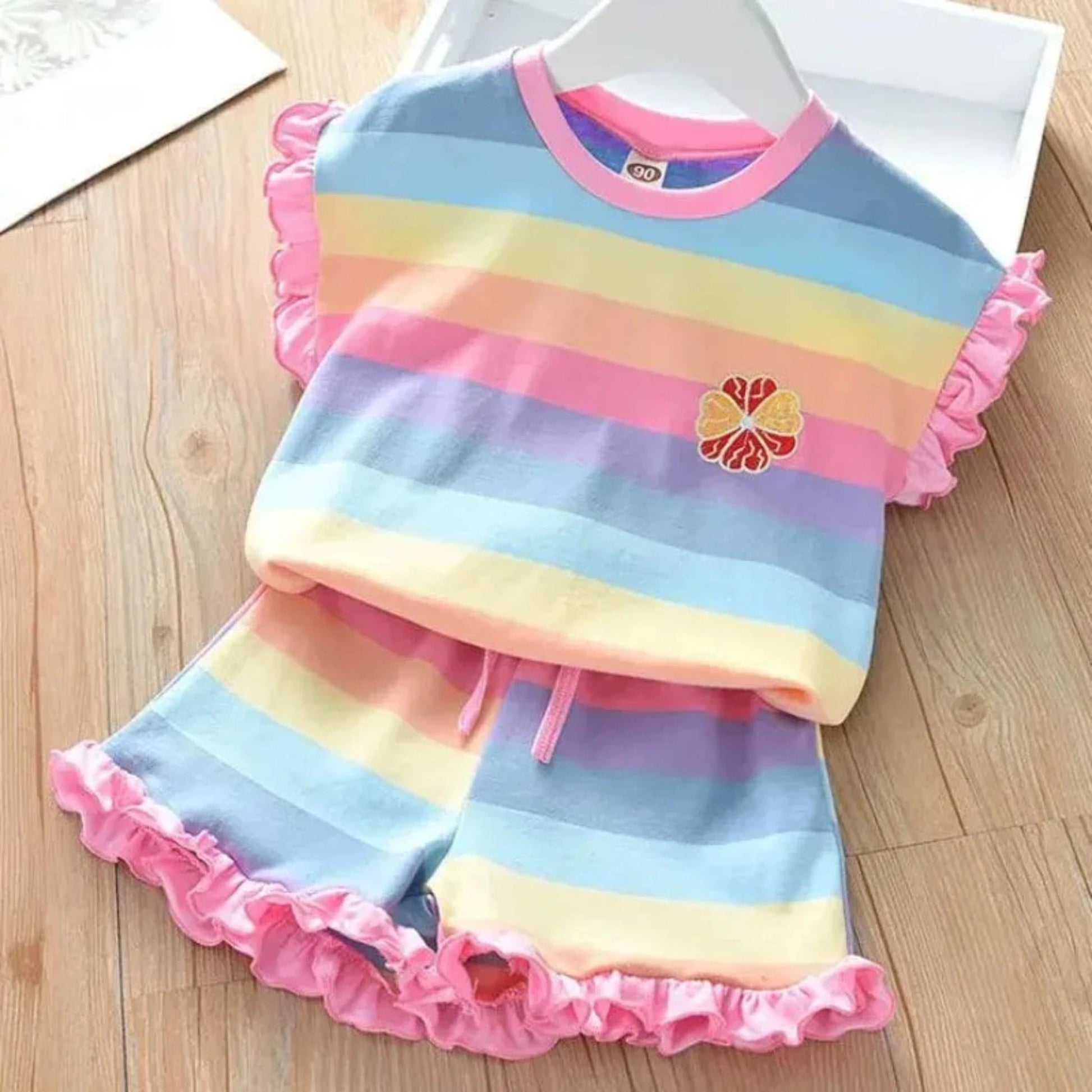 Girls Summer Rainbow Stripe 2-Piece Outfit | T-Shirt & Shorts Set for Toddlers 2T–6T - Babytopia32