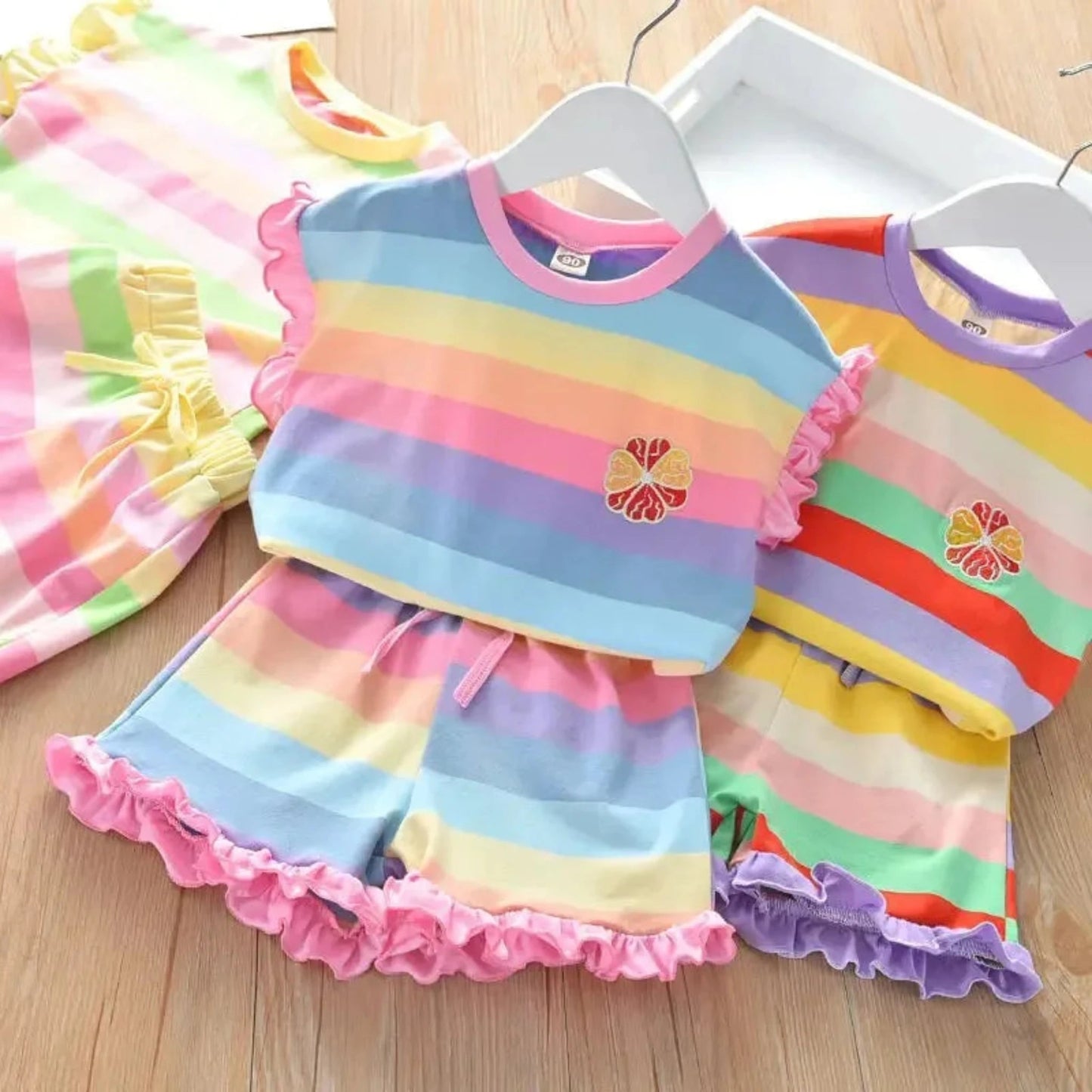 Girls Summer Rainbow Stripe 2-Piece Outfit | T-Shirt & Shorts Set for Toddlers 2T–6T - Babytopia32
