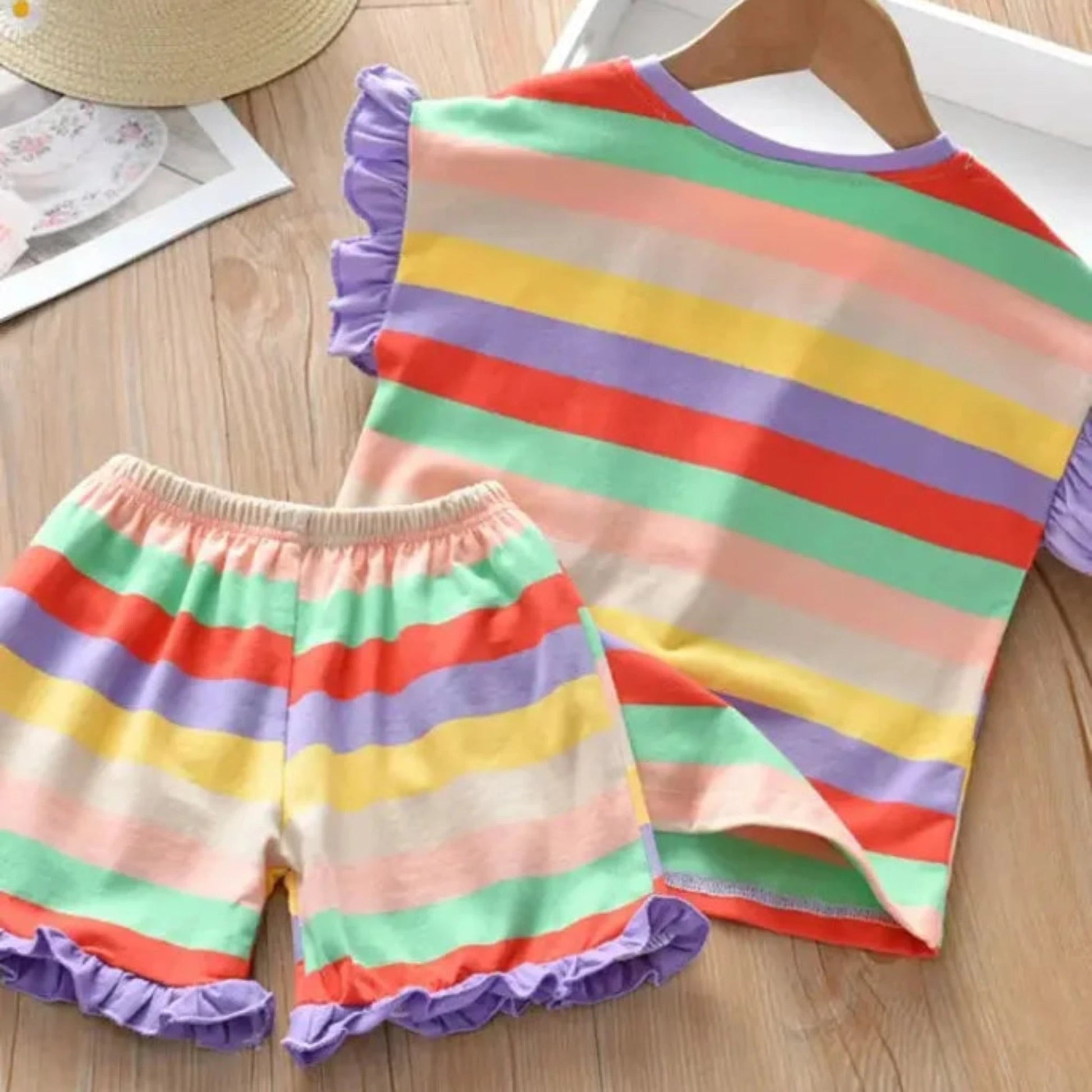 Girls Summer Rainbow Stripe 2-Piece Outfit | T-Shirt & Shorts Set for Toddlers 2T–6T - Babytopia32
