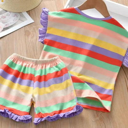 Girls Summer Rainbow Stripe 2-Piece Outfit | T-Shirt & Shorts Set for Toddlers 2T–6T - Babytopia32
