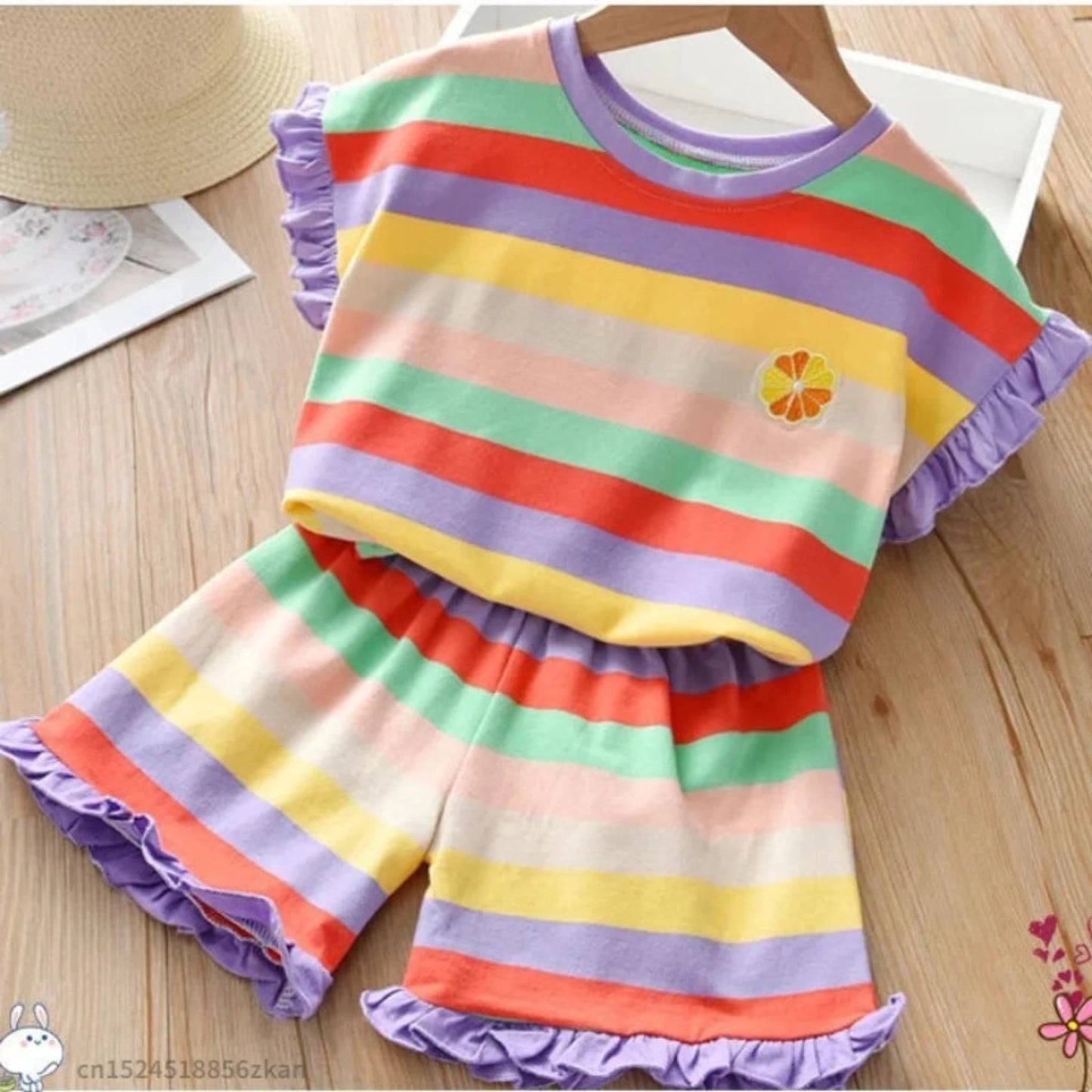 Girls Summer Rainbow Stripe 2-Piece Outfit | T-Shirt & Shorts Set for Toddlers 2T–6T - Babytopia32