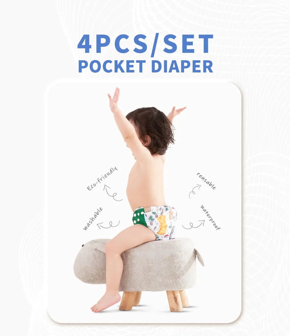 HappyFlute Reusable Cloth Diapers – Eco-Friendly Pocket Diapers, 4-Pack, Unisex (Fits 3–15 kg) - Babytopia32
