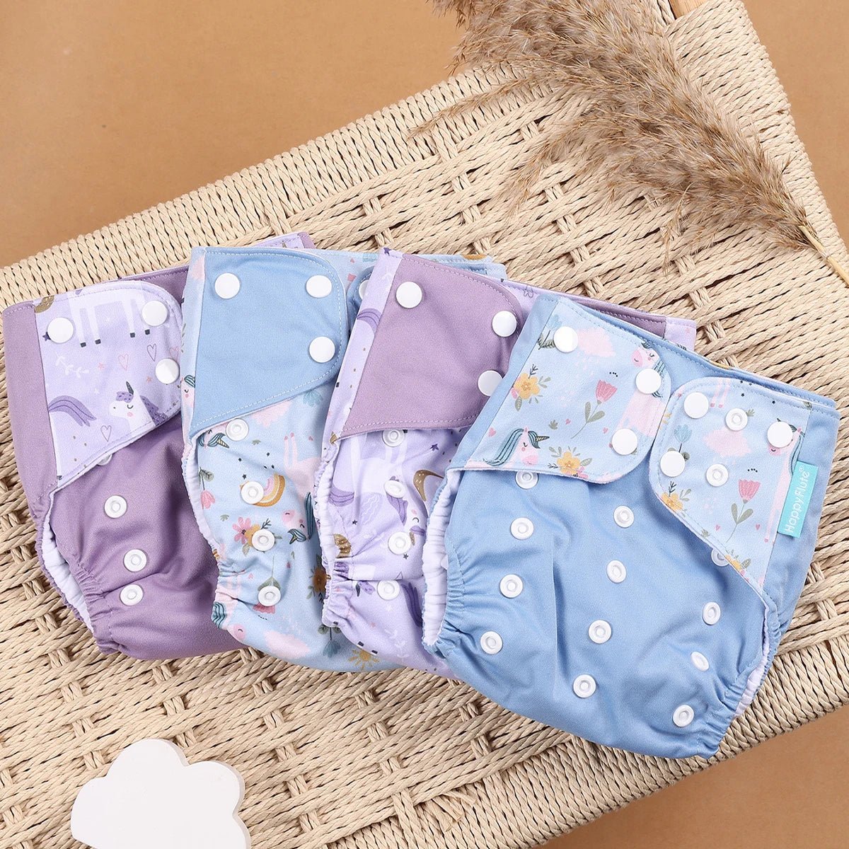 HappyFlute Reusable Cloth Diapers – Eco-Friendly Pocket Diapers, 4-Pack, Unisex (Fits 3–15 kg) - Babytopia32