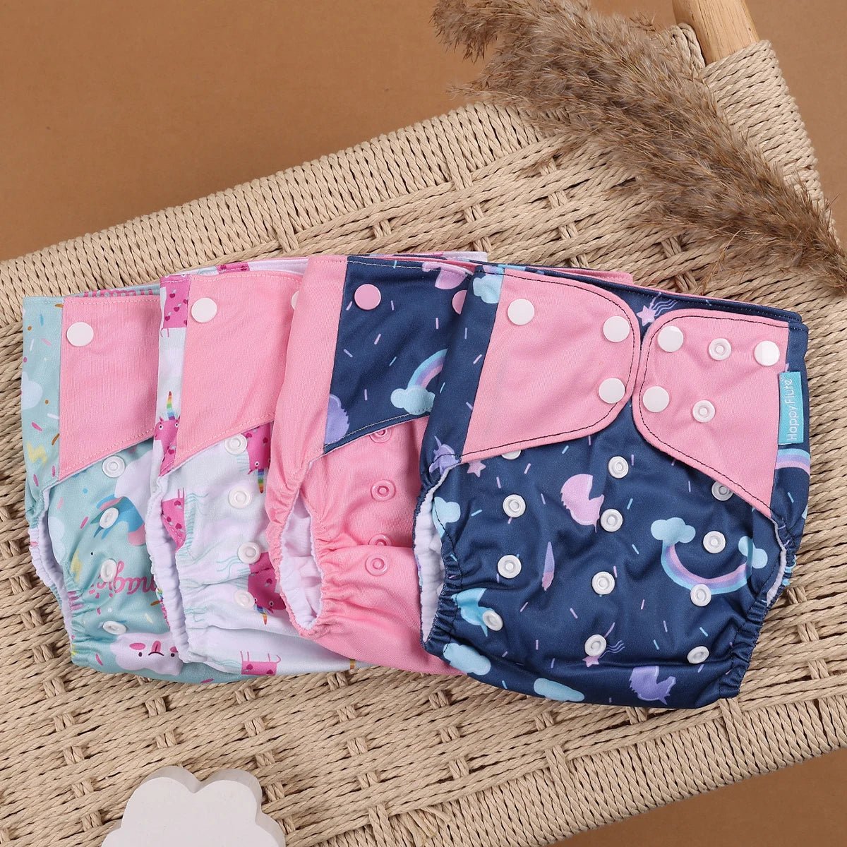 HappyFlute Reusable Cloth Diapers – Eco-Friendly Pocket Diapers, 4-Pack, Unisex (Fits 3–15 kg) - Babytopia32