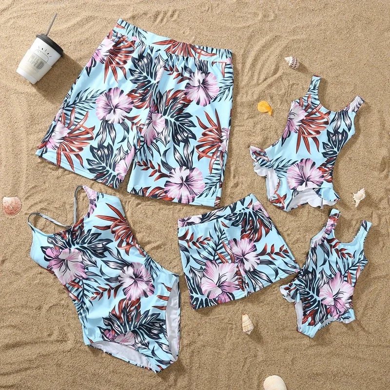 Matching Family Floral Swimsuits – Mom & Daughter One-Piece + Dad & Son Swim Trunks - Babytopia32