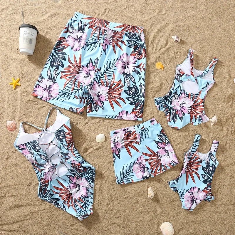 Matching Family Floral Swimsuits – Mom & Daughter One-Piece + Dad & Son Swim Trunks - Babytopia32