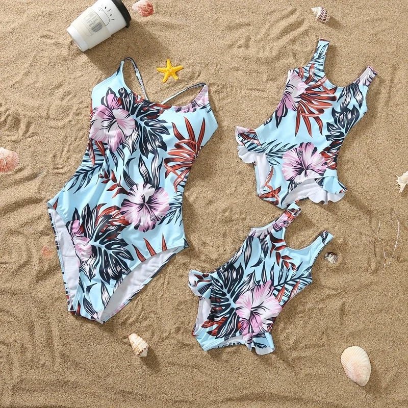 Matching Family Floral Swimsuits – Mom & Daughter One-Piece + Dad & Son Swim Trunks - Babytopia32