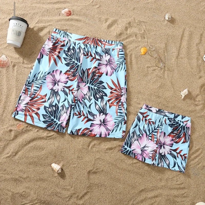 Matching Family Floral Swimsuits – Mom & Daughter One-Piece + Dad & Son Swim Trunks - Babytopia32