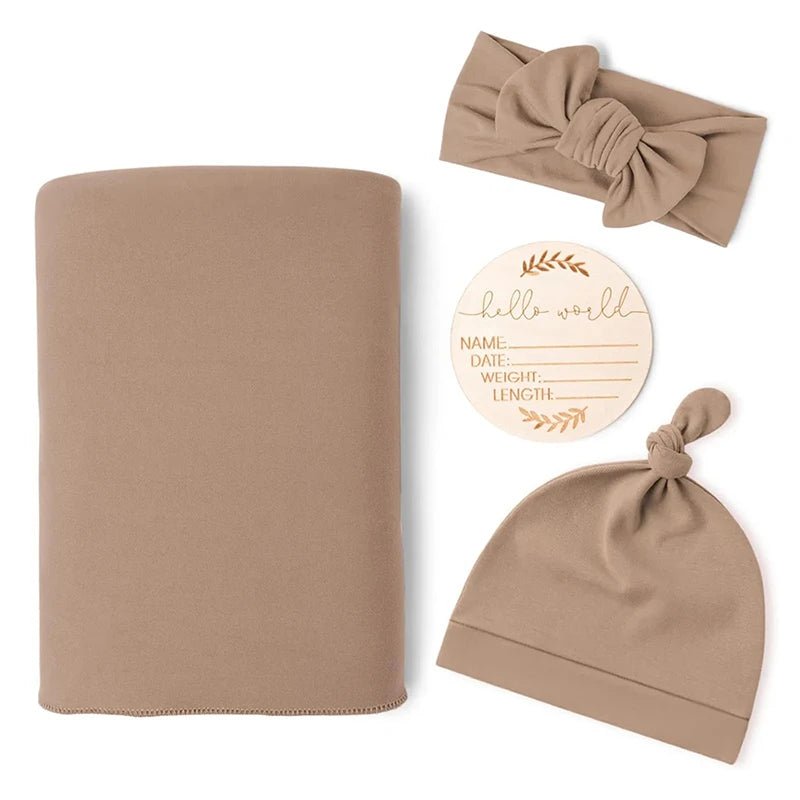 Newborn Baby Swaddle Set — Receiving Blanket, Matching Headband & Beanie | 4-Piece Gift Set - Babytopia32