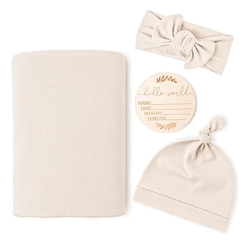 Newborn Baby Swaddle Set — Receiving Blanket, Matching Headband & Beanie | 4-Piece Gift Set - Babytopia32