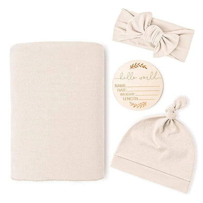 Newborn Baby Swaddle Set — Receiving Blanket, Matching Headband & Beanie | 4-Piece Gift Set - Babytopia32