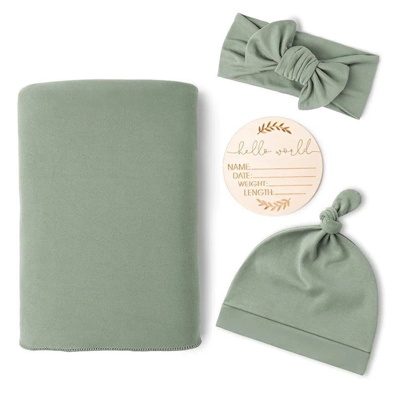 Newborn Baby Swaddle Set — Receiving Blanket, Matching Headband & Beanie | 4-Piece Gift Set - Babytopia32