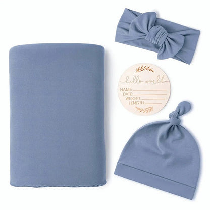 Newborn Baby Swaddle Set — Receiving Blanket, Matching Headband & Beanie | 4-Piece Gift Set - Babytopia32