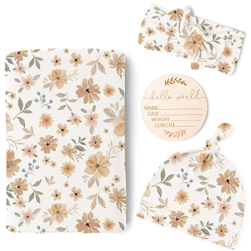 Newborn Baby Swaddle Set — Receiving Blanket, Matching Headband & Beanie | 4-Piece Gift Set - Babytopia32