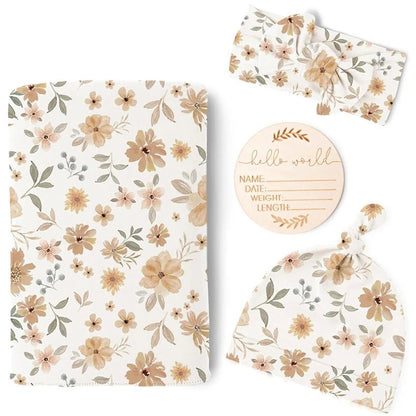 Newborn Baby Swaddle Set — Receiving Blanket, Matching Headband & Beanie | 4-Piece Gift Set - Babytopia32