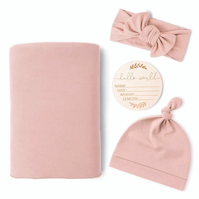 Newborn Baby Swaddle Set — Receiving Blanket, Matching Headband & Beanie | 4-Piece Gift Set - Babytopia32
