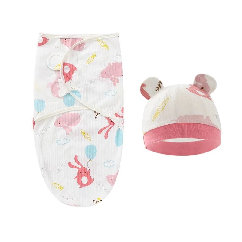 Newborn Swaddle Blanket & Hat Set — 100% Cotton Cartoon Print, Adjustable Wrap for 0–6 Months - Babytopia32