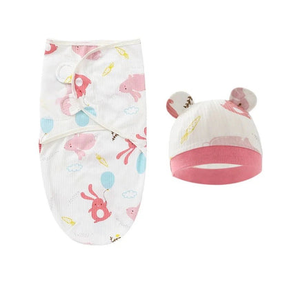 Newborn Swaddle Blanket & Hat Set — 100% Cotton Cartoon Print, Adjustable Wrap for 0–6 Months - Babytopia32
