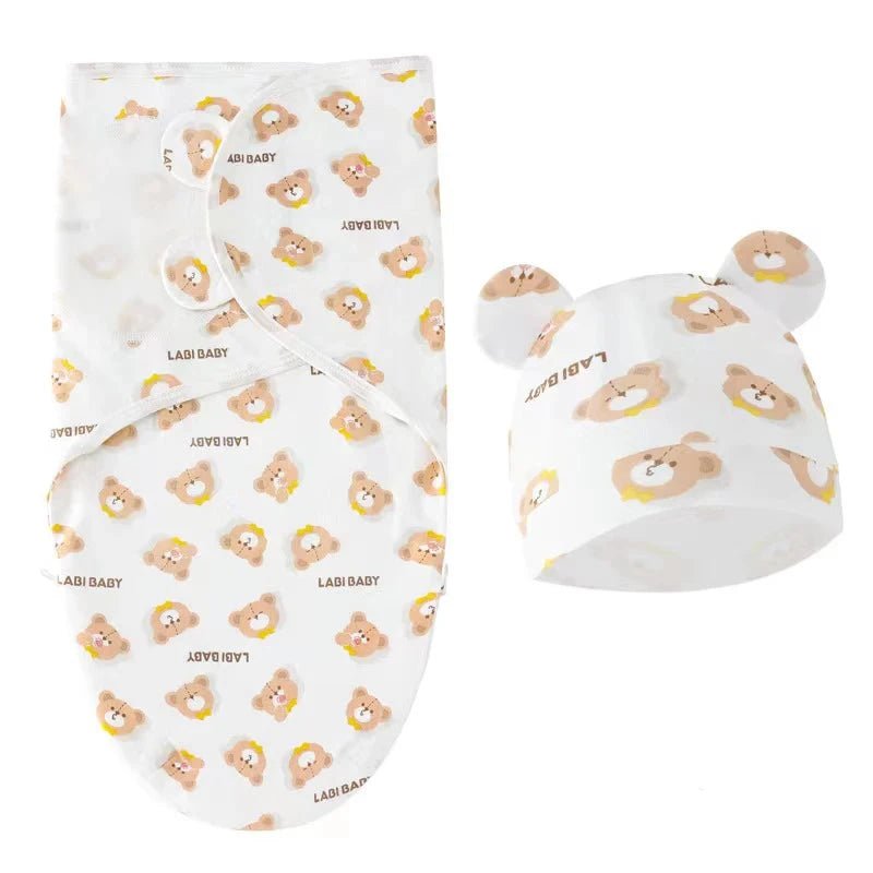 Newborn Swaddle Blanket & Hat Set — 100% Cotton Cartoon Print, Adjustable Wrap for 0–6 Months - Babytopia32