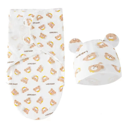 Newborn Swaddle Blanket & Hat Set — 100% Cotton Cartoon Print, Adjustable Wrap for 0–6 Months - Babytopia32