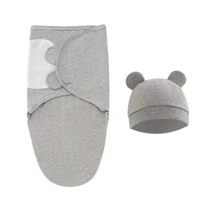 Newborn Swaddle Blanket & Hat Set — 100% Cotton Cartoon Print, Adjustable Wrap for 0–6 Months - Babytopia32