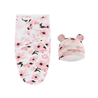 Newborn Swaddle Blanket & Hat Set — 100% Cotton Cartoon Print, Adjustable Wrap for 0–6 Months - Babytopia32