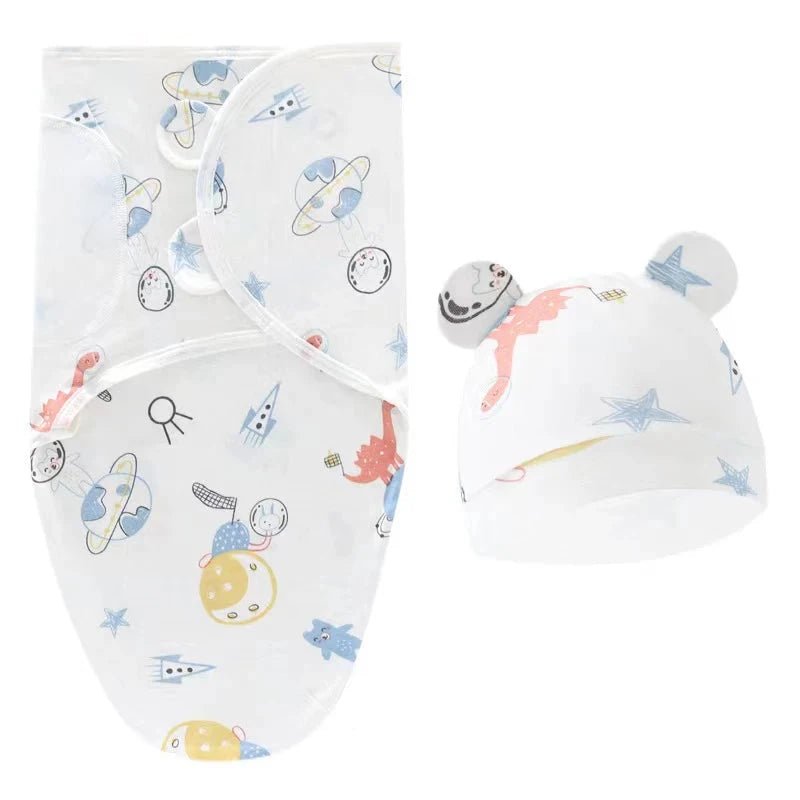 Newborn Swaddle Blanket & Hat Set — 100% Cotton Cartoon Print, Adjustable Wrap for 0–6 Months - Babytopia32