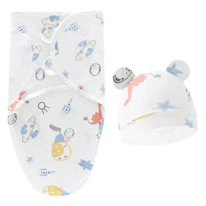 Newborn Swaddle Blanket & Hat Set — 100% Cotton Cartoon Print, Adjustable Wrap for 0–6 Months - Babytopia32