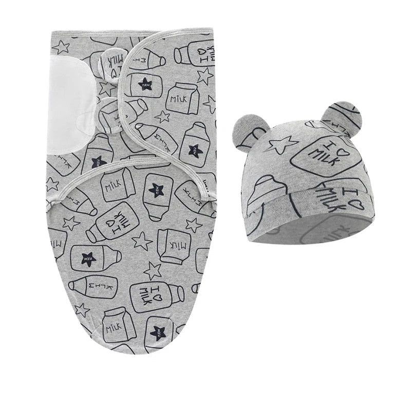 Newborn Swaddle Blanket & Hat Set — 100% Cotton Cartoon Print, Adjustable Wrap for 0–6 Months - Babytopia32
