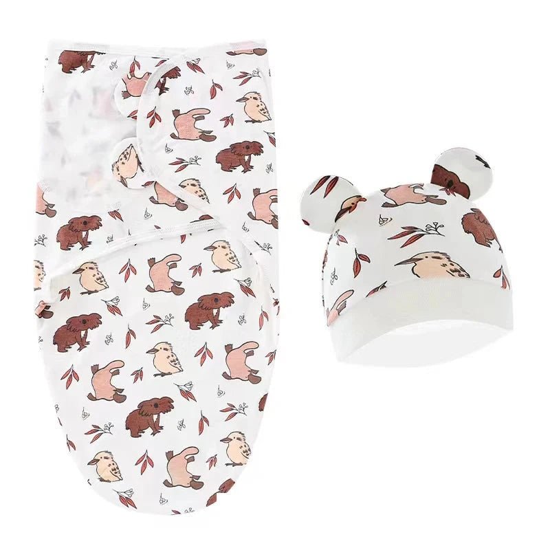 Newborn Swaddle Blanket & Hat Set — 100% Cotton Cartoon Print, Adjustable Wrap for 0–6 Months - Babytopia32