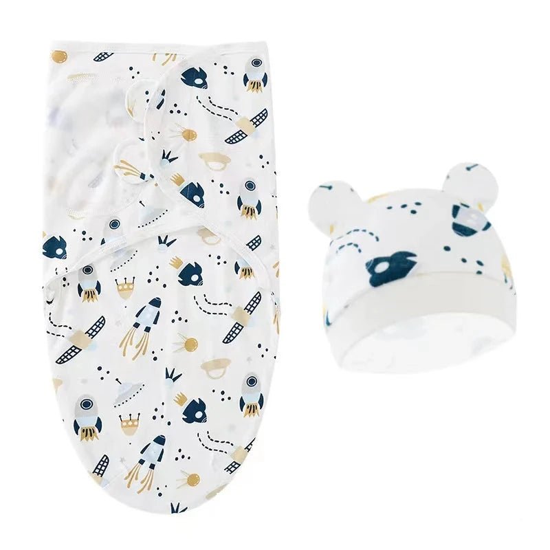 Newborn Swaddle Blanket & Hat Set — 100% Cotton Cartoon Print, Adjustable Wrap for 0–6 Months - Babytopia32