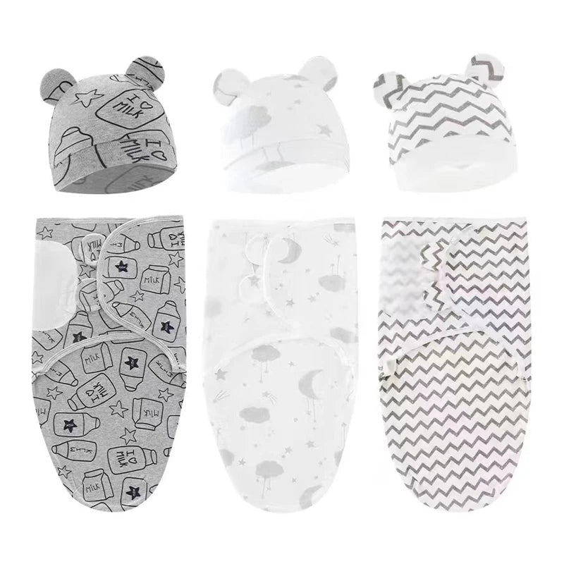 Newborn Swaddle Blanket & Hat Set — 100% Cotton Cartoon Print, Adjustable Wrap for 0–6 Months - Babytopia32
