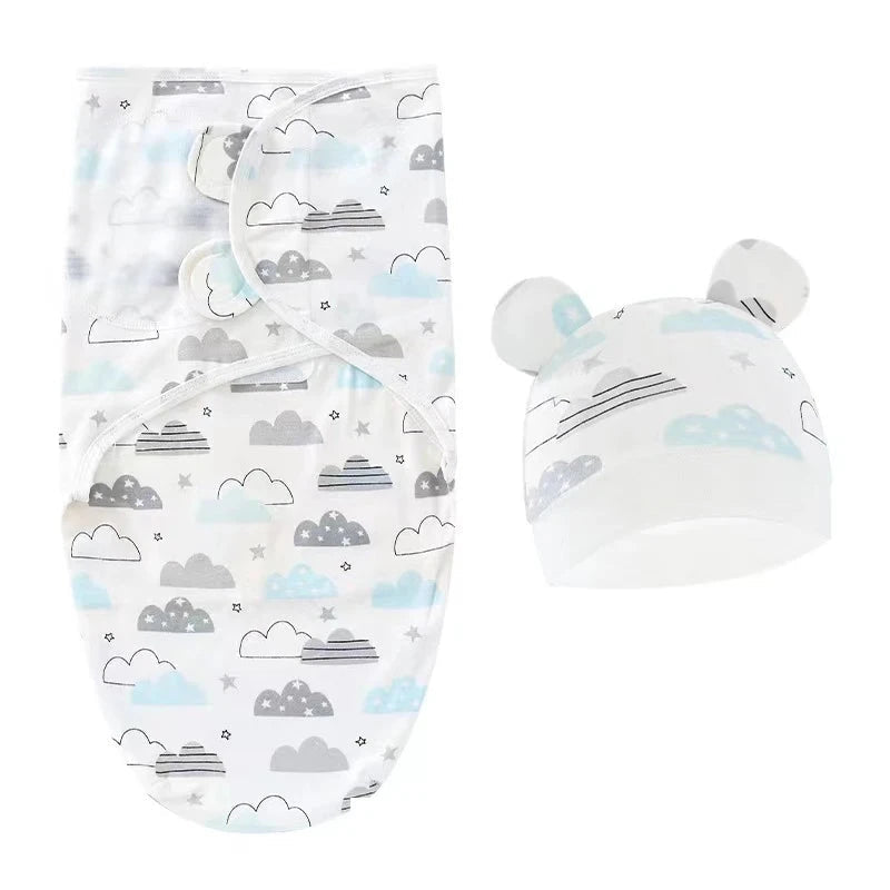 Newborn Swaddle Blanket & Hat Set — 100% Cotton Cartoon Print, Adjustable Wrap for 0–6 Months - Babytopia32