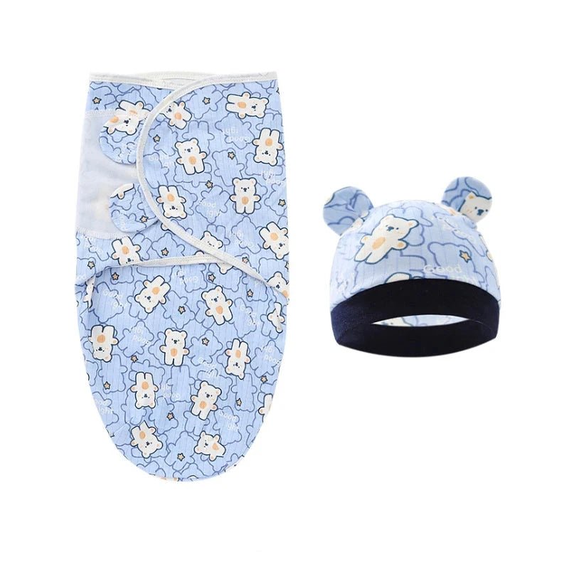 Newborn Swaddle Blanket & Hat Set — 100% Cotton Cartoon Print, Adjustable Wrap for 0–6 Months - Babytopia32