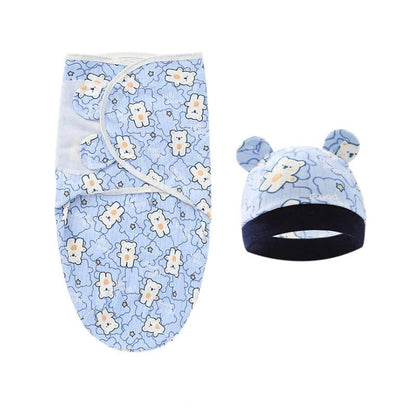 Newborn Swaddle Blanket & Hat Set — 100% Cotton Cartoon Print, Adjustable Wrap for 0–6 Months - Babytopia32