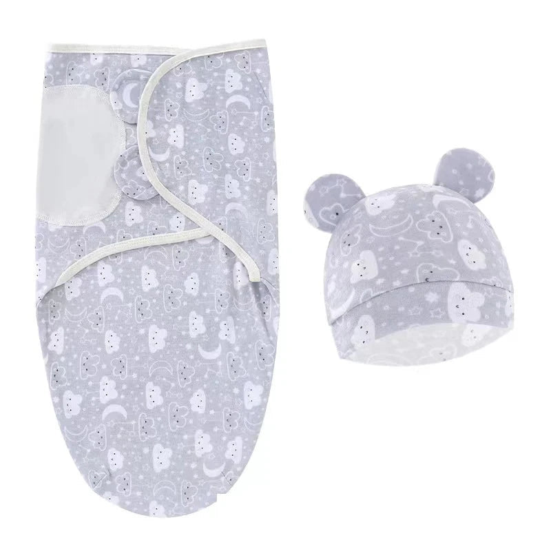 Newborn Swaddle Blanket & Hat Set — 100% Cotton Cartoon Print, Adjustable Wrap for 0–6 Months - Babytopia32