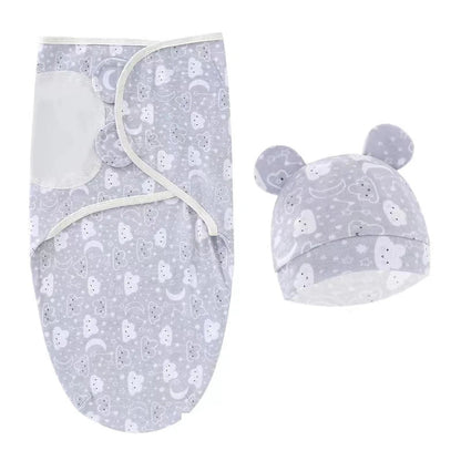 Newborn Swaddle Blanket & Hat Set — 100% Cotton Cartoon Print, Adjustable Wrap for 0–6 Months - Babytopia32