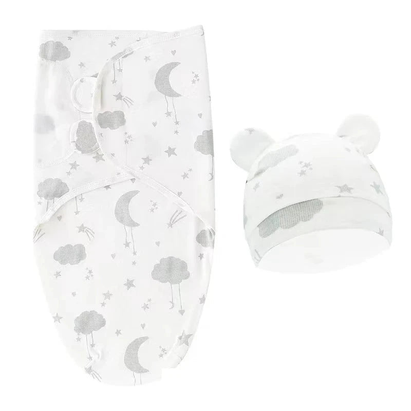 Newborn Swaddle Blanket & Hat Set — 100% Cotton Cartoon Print, Adjustable Wrap for 0–6 Months - Babytopia32