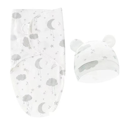 Newborn Swaddle Blanket & Hat Set — 100% Cotton Cartoon Print, Adjustable Wrap for 0–6 Months - Babytopia32