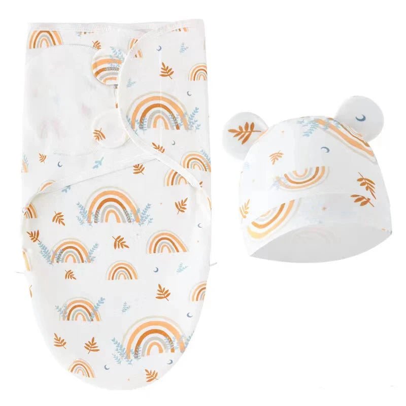 Newborn Swaddle Blanket & Hat Set — 100% Cotton Cartoon Print, Adjustable Wrap for 0–6 Months - Babytopia32
