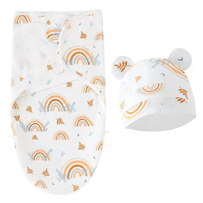 Newborn Swaddle Blanket & Hat Set — 100% Cotton Cartoon Print, Adjustable Wrap for 0–6 Months - Babytopia32