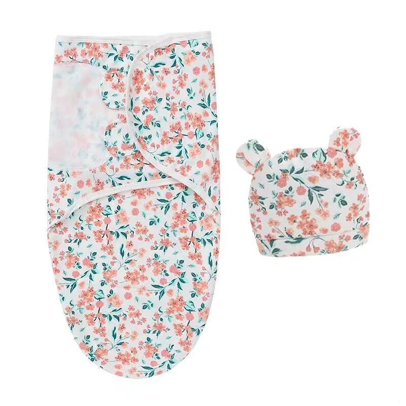 Newborn Swaddle Blanket & Hat Set — 100% Cotton Cartoon Print, Adjustable Wrap for 0–6 Months - Babytopia32