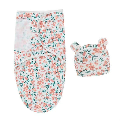 Newborn Swaddle Blanket & Hat Set — 100% Cotton Cartoon Print, Adjustable Wrap for 0–6 Months - Babytopia32