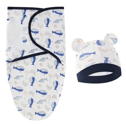 Newborn Swaddle Blanket & Hat Set — 100% Cotton Cartoon Print, Adjustable Wrap for 0–6 Months - Babytopia32
