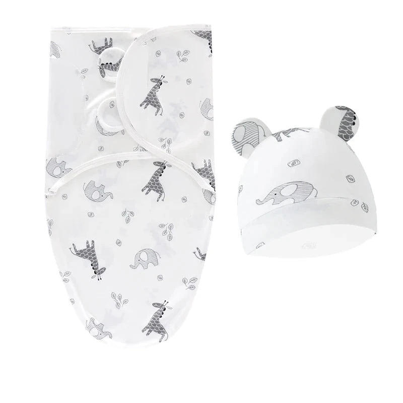 Newborn Swaddle Blanket & Hat Set — 100% Cotton Cartoon Print, Adjustable Wrap for 0–6 Months - Babytopia32