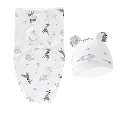 Newborn Swaddle Blanket & Hat Set — 100% Cotton Cartoon Print, Adjustable Wrap for 0–6 Months - Babytopia32