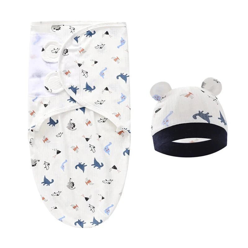 Newborn Swaddle Blanket & Hat Set — 100% Cotton Cartoon Print, Adjustable Wrap for 0–6 Months - Babytopia32