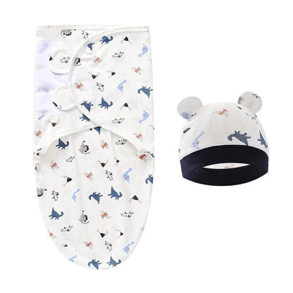 Newborn Swaddle Blanket & Hat Set — 100% Cotton Cartoon Print, Adjustable Wrap for 0–6 Months - Babytopia32